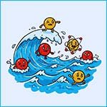 Comic style image showing atoms swimming in water.